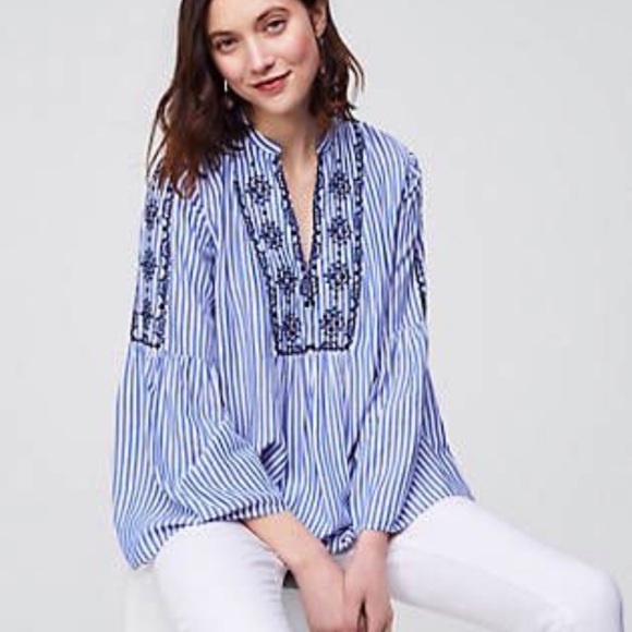 LOFT Tops - LOFT Stripe V-neck Embroidered Bell Sleeve Top XS